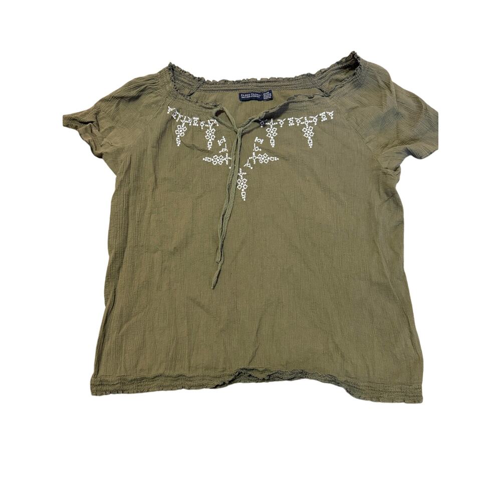 Faded Glory Olive Green Embroidered Peasant Top Boho Cotton XXL 20
